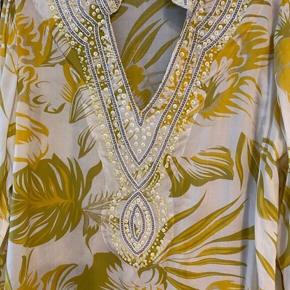 Soft Surroundings M Yellow Heavy Beaded Tropical Palm V-Neck Resort Swim Cover - Picture 5 of 8